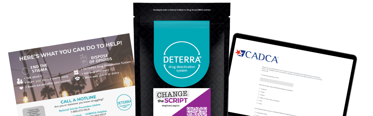 Deterra custom postcard, pouch with label and survey